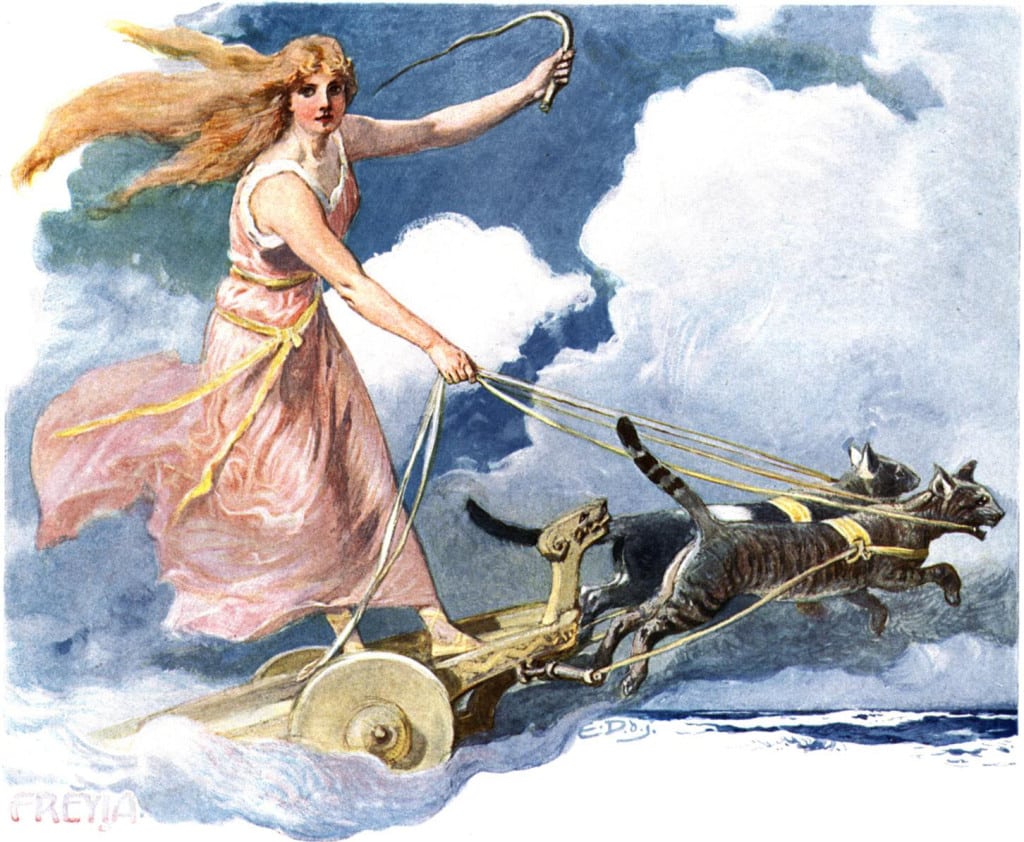 Freyja istennő macskavonta kocsiján. Kép