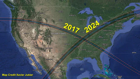 Kép: a 2017-es és a 2024-es napfogyatkozások pályája metszi egymást