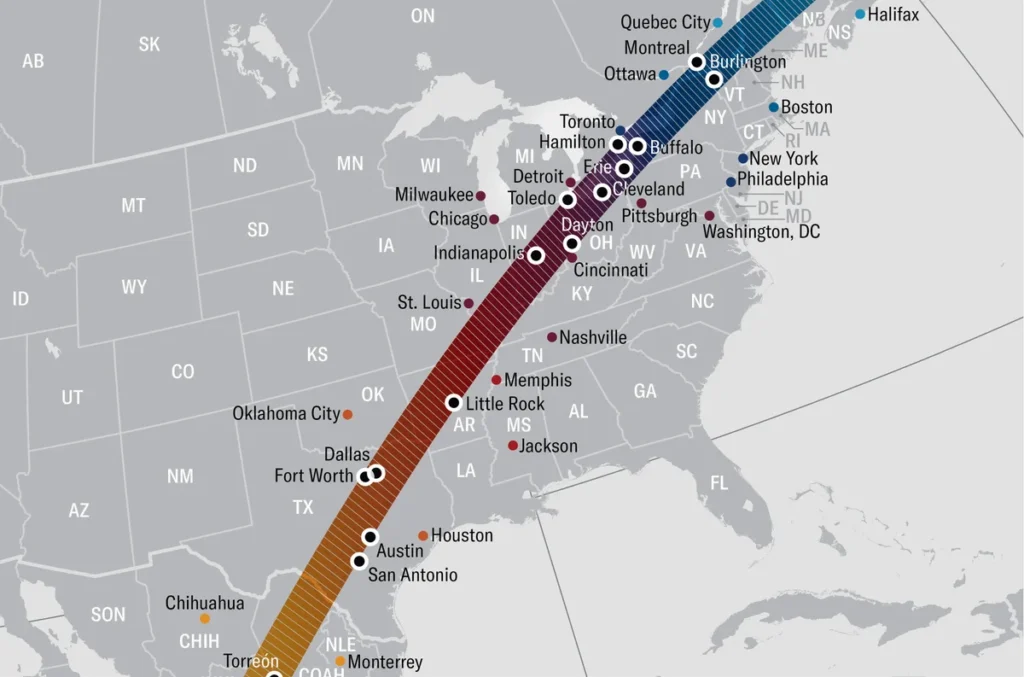 Kép: a 2024 április 8-ai napfogyatkozás „útja” Észak-Amerika felett
